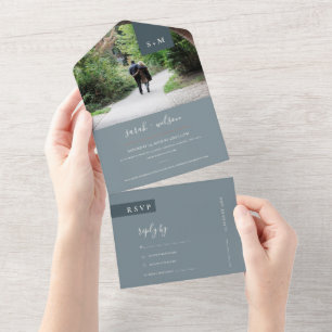 INVITATION TOUT EN UN PHOTO MARIAGE DU MONOGRAMME GRAY BLEU MINIMAL DUSK