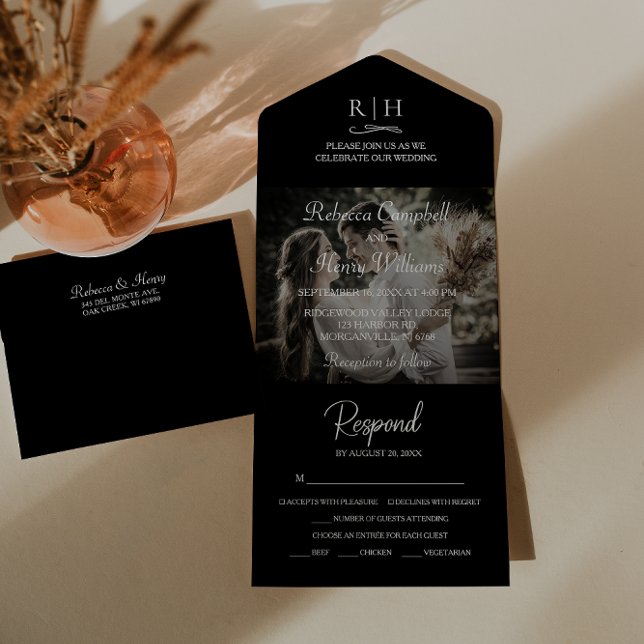 Invitation Tout En Un Photo Mariage noir moderne | Monogramme RSVP (Simplify your wedding with our all-in-one invitation – convenience and beauty in a single card.)
