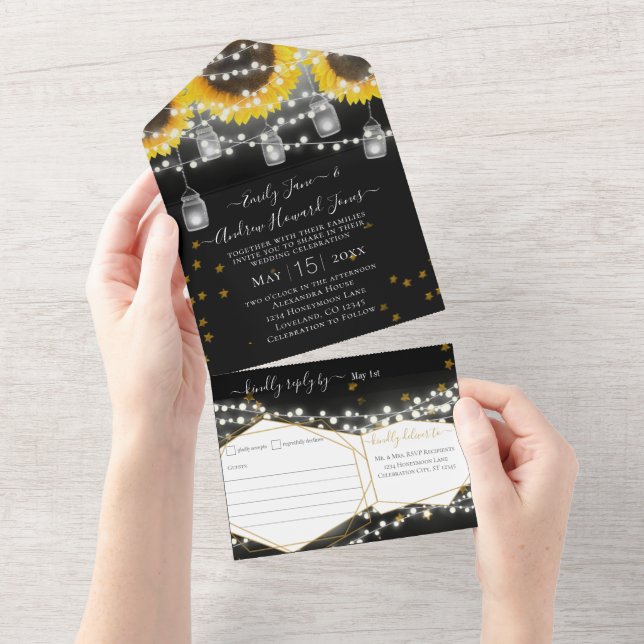 Invitation Tout En Un Photo Mason Jar Sunflower Gold Stars Mariage (Déchirure)