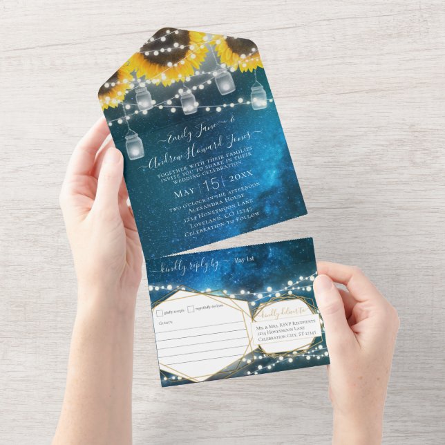 Invitation Tout En Un Photo Mason Jar Sunflower Navy Bleu Jaune & Or (Déchirure)