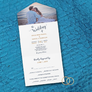 Invitation Tout En Un Photo minimaliste d'or bleu tout en un Mariage