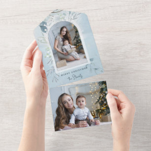 Invitation Tout En Un Photo moderne Blue Sparkly Winter Botanique Arc