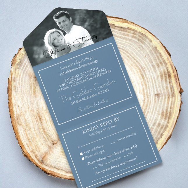 Invitation Tout En Un Photo moderne Dusty Blue Wedding RSVP (Simplify your wedding with our all-in-one invitation – convenience and beauty in a single card.)