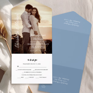 Invitation Tout En Un Photo moderne Elegant Dusty Mariage bleu