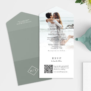 Invitation Tout En Un Photo moderne QR Code Sage Mariage vert