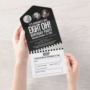 Invitation Tout En Un Photo mono noir cercles rayures 80e anniversaire