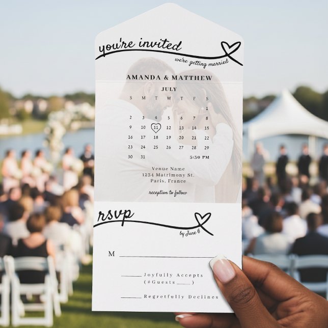 Invitation Tout En Un Photo Monogram Heart Line White Calendar Mariage (Photo Monogram Heart Line White Calendar Wedding All In One Invitation
)