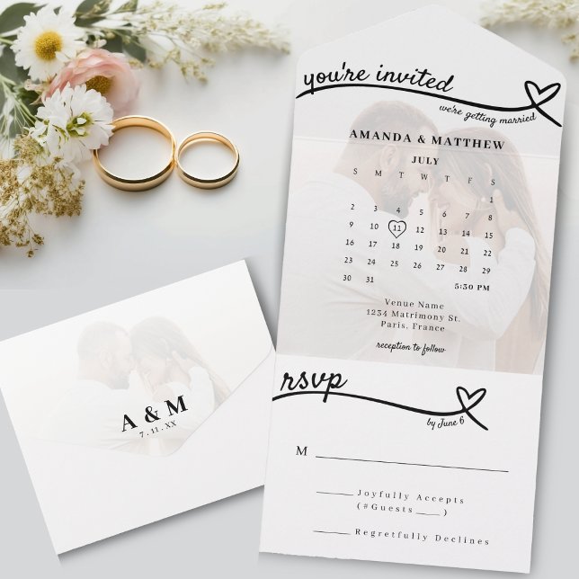 Invitation Tout En Un Photo Monogram Heart Line White Calendar Mariage (Photo Monogram Heart Line White Calendar Wedding All In One Invitation
)