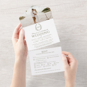 Invitation Tout En Un photo monogramme de la feuille ovale blanche verte