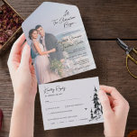 Invitation Tout En Un Photo montagne Forêt simple moderne mariage RSVP A<br><div class="desc">Ce faire-part de mariage tout en un élégant et contemporain, avec une carte postale perforée RSVP facile à déchirer, présente un croquis dessiné à la main moderne d'un beau paysage forestier d'arbres de montagne et est personnalisable avec l'une de vos photos fiançailles préférées. Cette invitation fait partie de la collection...</div>