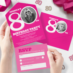 Invitation Tout En Un Photo rose graphique dans le 0 du 80e anniversaire