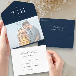 Invitation Tout En Un Photo simple Calligraphie bleu marine RSVP Mariage