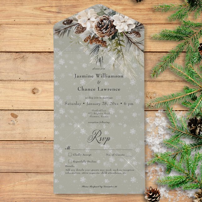 Invitation Tout En Un Pin à neige rustique et blanc Détails de l'emplace (Rustic Snowfall Pine & White Floral Sage Details All In One Invitation)