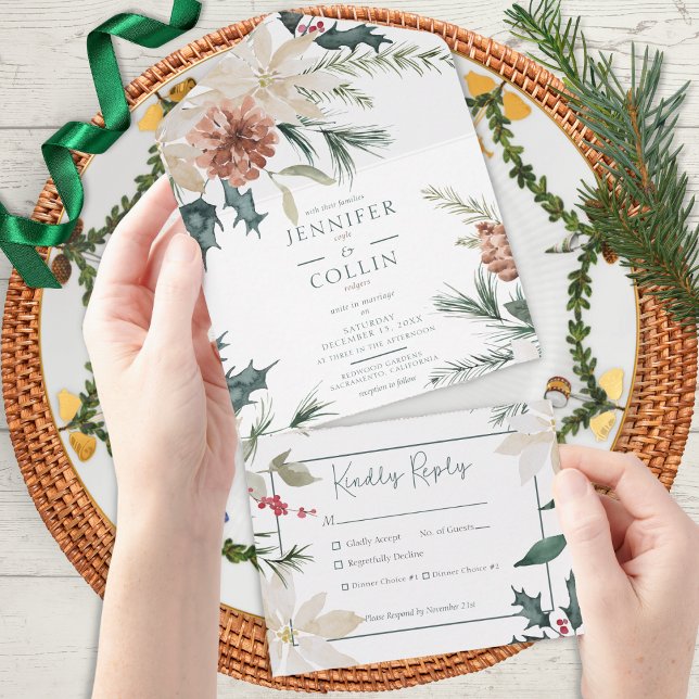 Invitation Tout En Un Pin de Noël rustique & Baies Dîner Blanc (Créateur téléchargé)