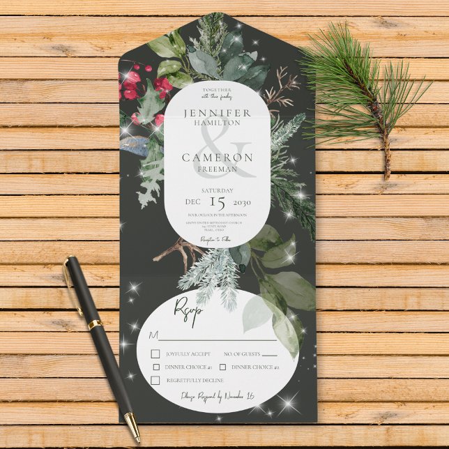 Invitation Tout En Un Pin Noir Rustique & Dîner Sparkle Hiver Holly (Also available with a QR code or without dinner selection options.)