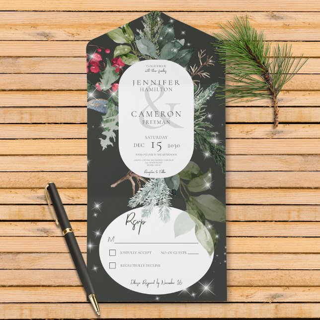 Invitation Tout En Un Pin Noir Rustique & Étincelle D'Hiver Holly Sans D (Also available with a QR code or with dinner selection options.)