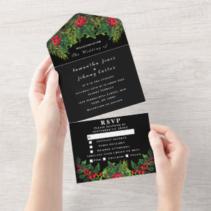 Invitation Tout En Un Pin vert cône hiver Noir Aquarelle Mariage
