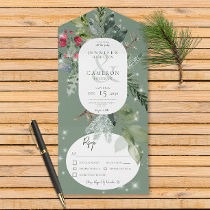 Invitation Tout En Un Pin vert rustique et dîner étincelant hivernal