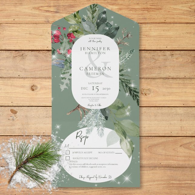 Invitation Tout En Un Pin vert rustique et étincelle hivernale Holly Dét (Rustic Green Pine & Holly Winter Sparkle Details All In One Invitation)
