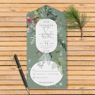 Invitation Tout En Un Pin vert rustique et étincelle hivernale Holly Pas