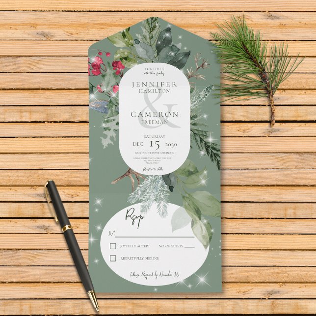 Invitation Tout En Un Pin vert rustique et étincelle hivernale Holly Pas (Also available with a QR code or with dinner selection options.)