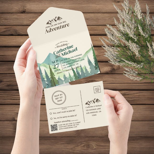 Invitation Tout En Un Pine Forest Mountain Adventure QR Code Mariage (Créateur téléchargé)