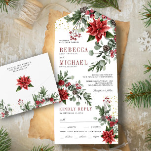 Invitation Tout En Un Pine Rustique Poinsettia Floral Mariage de Noël