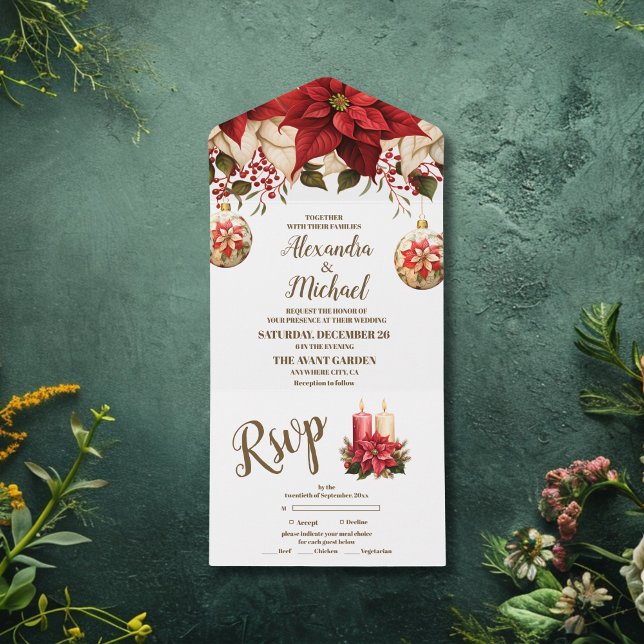 Invitation Tout En Un Pine Rustique Poinsettia Floral Mariage de Noël (Créateur téléchargé)