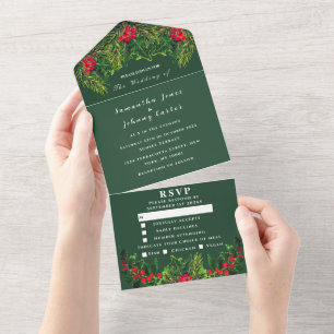 Invitation Tout En Un Pine verte cône hiver Vert Mariage d'aquarelle