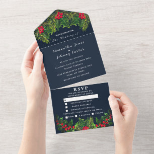 Invitation Tout En Un Pine verte Mariage d'aquarelle bleu marine d'hiver