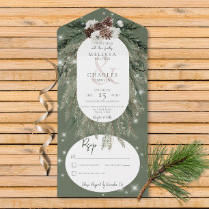 Invitation Tout En Un Pine Verte Rustique Étincelle D'Hiver Pas De Dîner