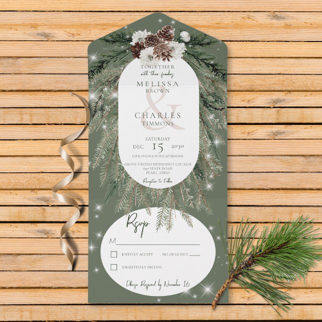 Invitation Tout En Un Pine Verte Rustique Étincelle D'Hiver Pas De Dîner (Also available with a QR code or with dinner selection options.)