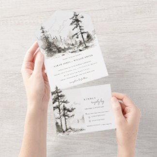 Invitation Tout En Un Pine Woods Mountain Paysage Mariage de croquis