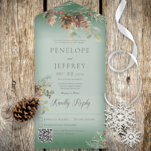 Invitation Tout En Un Pinecone & Berries vert moderne Code QR