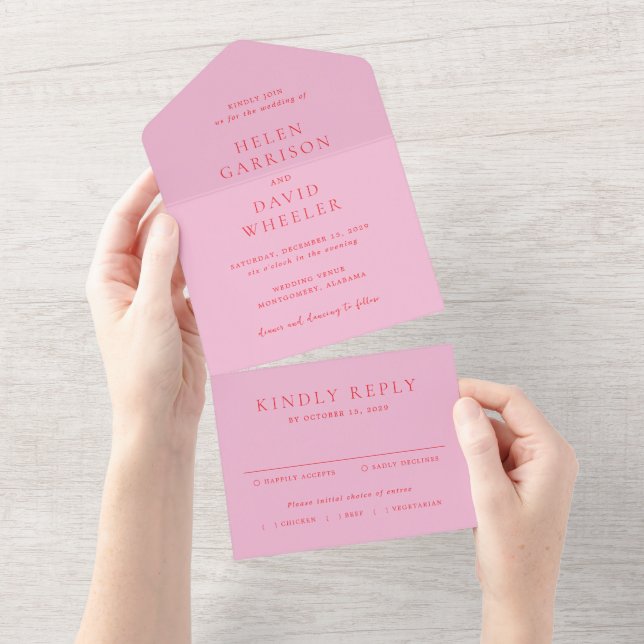 Invitation Tout En Un Pink and Red Elegant Classic Wedding (Déchirure)