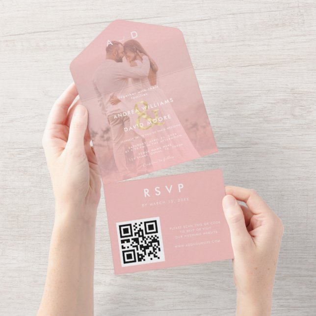 Invitation Tout En Un Pink Faded Photo Gold Ampersand & QR Code Mariage (Déchirure)