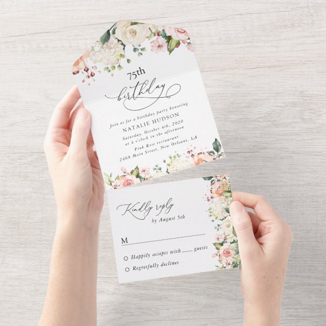 Invitation Tout En Un Pink Flowers, White Flowers, Boho, Birthday (Déchirure)