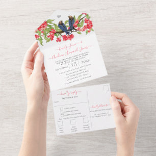 Invitation Tout En Un Pink & Navy Secret Lovebird Forest Garden Mariage
