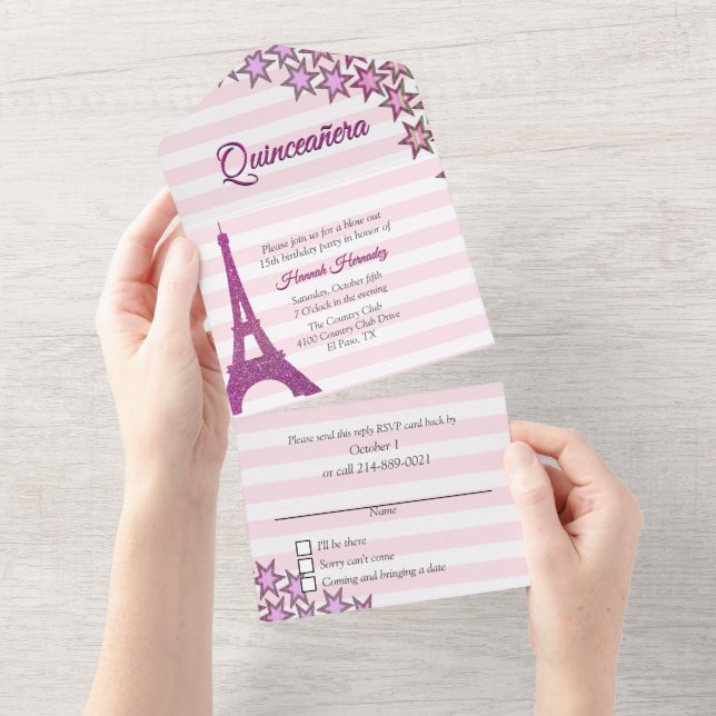 Invitation Tout En Un Pink Paris Theme Quinceañera (Déchirure)