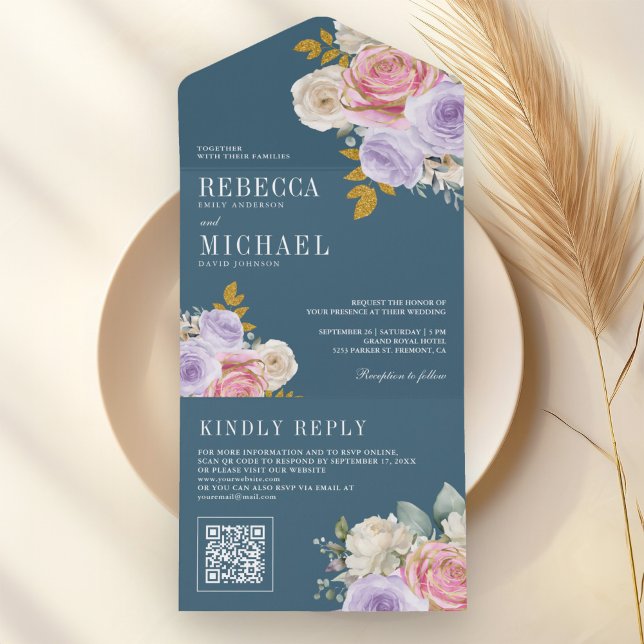 Invitation Tout En Un Pink Purple Rose Floral QR Code Dusty Blue Wedding (Créateur téléchargé)
