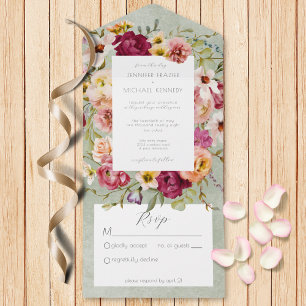 Invitation Tout En Un Pink vintage & Floral Jaune sur Sage Pas de dîner