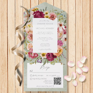 Invitation Tout En Un Pink vintage & Floral Jaune sur Sage QR Code