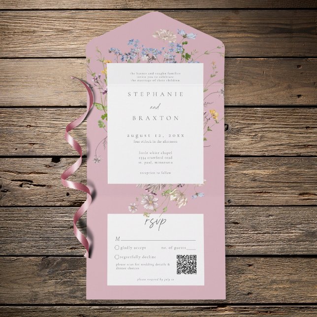 Invitation Tout En Un Pink Wildflower Garden Elegant Wedding QR (Créateur téléchargé)