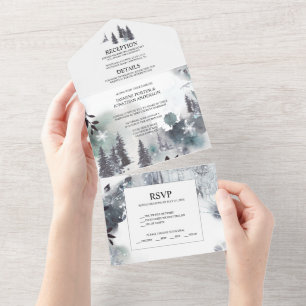 Invitation Tout En Un Pins alpins, Montagnes, Mist Mariage  