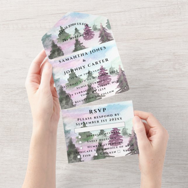 Invitation Tout En Un Pins d'hiver Forêt neige Mariage RSVP (Déchirure)