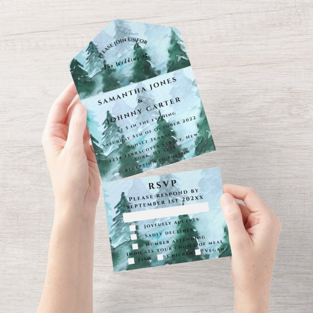 Invitation Tout En Un Pins d'hiver Forêt neige Mariage RSVP (Déchirure)