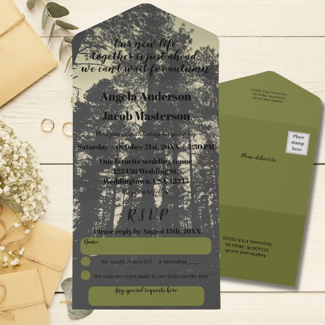 Invitation Tout En Un Pins Olive Green Mariage d'automne (Créateur téléchargé)