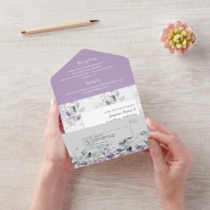Invitation Tout En Un Pivoines lavande, Roses blanches Fleurs de mariage