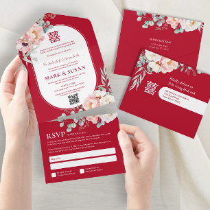 Invitation Tout En Un Pivoines vietnamiennes bilingues Traditionnel Tout