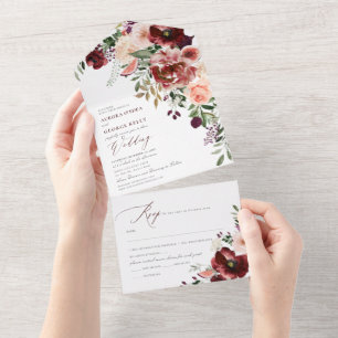 Invitation Tout En Un PixDezines Amour d'automne H2 Rouge Marsala rustiq